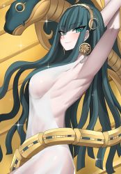 Rule 34 | 1girl, armpits, arms up, bare back, blush, breasts, cleopatra (fate), closed mouth, cowboy shot, dress, dutch angle, earrings, fate/grand order, fate (series), from side, green eyes, green hair, hair over breasts, hairband, highres, jewelry, k jin, large breasts, looking at viewer, pale skin, see-through, sideboob, single earring, smile, solo, sparkle, tsurime, white dress
