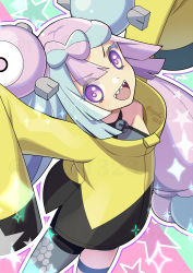 Rule 34 | bow-shaped hair, character hair ornament, creatures (company), game freak, grey pantyhose, hair ornament, hexagon print, highres, iono (pokemon), jacket, long hair, low-tied long hair, multicolored hair, nintendo, oversized clothes, pantyhose, pokemon, pokemon sv, ryofuhiko, sharp teeth, single leg pantyhose, sleeves past fingers, sleeves past wrists, split-color hair, star (symbol), star in eye, symbol in eye, teeth, very long sleeves, x, yellow jacket