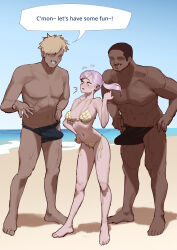 Rule 34 | 1girl, 2boys, absurdres, barefoot, beach, beach nanpa, bikini, black clover, black hair, blonde hair, blue sky, breasts, bulge, commentary, dark-skinned male, dark skin, day, english commentary, english text, erection, erection under clothes, full body, grin, hand on own hip, hand up, highres, large penis, looking at another, looking at penis, male swimwear, medium breasts, multiple boys, muscular, muscular male, navel, noelle silva, outdoors, penis, penis awe, pink hair, sky, smile, speech bubble, stomach, swim briefs, swimsuit, twintails, wide-eyed, wjs07