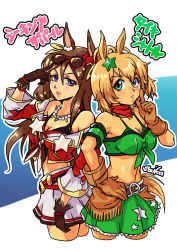 Rule 34 | 2girls, animal ears, armband, bandana, bandeau, bare shoulders, bead necklace, beads, belt, bikini, bikini under clothes, black gloves, breasts, brown belt, brown gloves, brown hair, cleavage, commentary request, cropped legs, detached sleeves, eyewear on head, front-tie top, gloves, green armband, green eyes, green skirt, hair between eyes, hair ornament, hand on own hip, hand up, highres, horse ears, index finger raised, jacket, jewelry, long hair, long sleeves, looking at viewer, medium breasts, midriff, miniskirt, multiple girls, navel, necklace, off shoulder, orange hair, parted lips, purple eyes, red jacket, saika (pixiv43370196), seeking the pearl (umamusume), short hair, short sleeves, skirt, standing, star (symbol), star hair ornament, stomach, strapless, sunglasses, swimsuit, taiki shuttle (umamusume), translation request, tube top, umamusume, very long hair, white background, white skirt