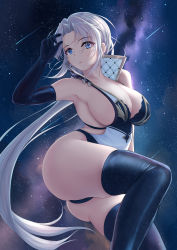 Rule 34 | 1girl, absurdres, ass, azur lane, bare shoulders, black gloves, black thighhighs, blue eyes, breasts, cleavage, closed mouth, elbow gloves, gloves, highres, kronshtadt (azur lane), large breasts, long hair, looking at viewer, night, night sky, revision, shigatsu (4gate), sideboob, silver hair, sky, solo, star (sky), starry sky, thighhighs, thighs
