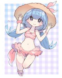 Rule 34 | 1girl, bikini, blue background, blue hair, commentary request, creatures (company), game freak, gen 8 pokemon, hat, hattrem, highres, long hair, looking at viewer, low twintails, navel, nintendo, personification, pink bikini, plaid, plaid background, pokemon, sakutake (ue3sayu), scrunchie, smile, solo, straw hat, sun hat, swimsuit, twintails, white background, wrist scrunchie