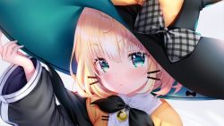 Rule 34 | 1girl, :/, aqua nails, bell, black bow, black jacket, blonde hair, blue eyes, blush, bow, cardigan, closed mouth, commentary, hair ornament, hairclip, hat, head tilt, jacket, long sleeves, looking at viewer, millie parfait, nail polish, nijisanji, nijisanji en, off shoulder, orange bow, orange cardigan, plaid, plaid bow, portrait, shirt, solo, virtual youtuber, white background, white shirt, witch, witch hat, zzz (zzz00166403zzz)