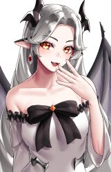 Rule 34 | 1girl, :d, absurdres, bare shoulders, black bow, bow, character request, commentary request, copyright request, earrings, grey hair, highres, horns, jewelry, long hair, long sleeves, looking at viewer, off-shoulder shirt, off shoulder, open mouth, orange eyes, pointy ears, pyeong-il pyeongil, shirt, shirt bow, smile, solo, upper body, very long hair, white background, white shirt, wings