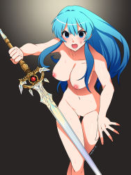 Rule 34 | 1girl, absurdres, blue hair, breasts, eirika (fire emblem), empty eyes, eudetenis, fire emblem, fire emblem: the sacred stones, game-over, highres, intelligent systems, large breasts, long hair, mind break, mind control, navel, nintendo, nipples, nude, slave, solo, sword, uncensored, weapon