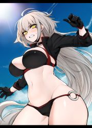 Rule 34 | 1girl, ahoge, bikini, black bikini, black jacket, blush, breasts, choker, cleavage, clenched teeth, cloud, cloudy sky, collarbone, commentary request, cowboy shot, cropped jacket, day, eyelashes, fate/grand order, fate (series), from below, hair between eyes, highres, j.k., jacket, jeanne d&#039;arc alter (swimsuit berserker) (fate), jeanne d&#039;arc (fate), jeanne d&#039;arc alter (fate), jeanne d&#039;arc alter (swimsuit berserker) (fate), large breasts, letterboxed, long hair, looking at viewer, o-ring, outdoors, shrug (clothing), skindentation, sky, solo, swimsuit, teeth, thighs, very long hair, yellow eyes