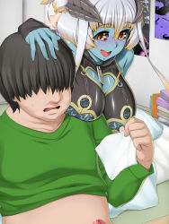 Rule 34 | 1boy, 1girl, bare shoulders, black hair, black sclera, blue skin, blush, breast rest, breasts, butakoma 300g, censored, cleavage cutout, clothing cutout, colored sclera, colored skin, demon girl, detached sleeves, fingernails, full-face blush, green shirt, hair between eyes, hair over eyes, hand on head, heart, highres, horns, indoors, lace, large breasts, long hair, looking at viewer, open mouth, penis, poster (medium), pyurachri, shiny skin, shirt, short hair, sleeves past wrists, smile, sweat, tissue, white hair, yellow eyes, zipper