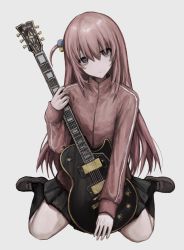 Rule 34 | 1girl, black socks, blue eyes, bocchi the rock!, brown footwear, chan8016, cube hair ornament, electric guitar, full body, gibson les paul, gotoh hitori, grey skirt, guitar, hair between eyes, hair ornament, hair over eyes, holding, holding instrument, instrument, jacket, jersey, loafers, long hair, one side up, pink hair, pink jacket, pleated skirt, shoes, sitting, skirt, socks, solo, track jacket