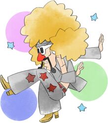 Rule 34 | 1boy, big nose, brown footwear, brown hair, dancing, facial hair, from side, grey jacket, grey pants, jacket, jimmy t, lowres, mustache, nintendo, official art, open clothes, open jacket, pants, parted lips, red nose, star (symbol), sunglasses, takeuchi kou, third-party source, warioware, warioware: get it together!