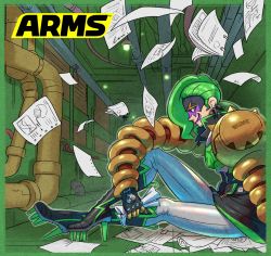 Rule 34 | 1girl, arms (game), boots, border, commentary request, dr. coyle, green border, green eyes, green hair, high heels, highres, lipstick, logo, looking at viewer, makeup, mask, nintendo, official art, purple lips, sitting, solo, yamamoto yuu