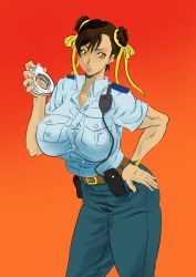 1girl alternate_costume amamiya_ryuu breasts brown_eyes brown_hair capcom chun-li cuffs double_bun female_focus hair_bun hair_ribbon hand_on_own_hip handcuffs highres large_breasts looking_at_viewer pants police police_uniform policewoman ribbon short_hair solo street_fighter street_fighter_v toned toned_female