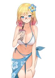 Rule 34 | 1girl, :o, absurdres, bare arms, bare shoulders, bikini, blonde hair, blue eyes, breasts, bubble tea, cleavage, collarbone, commission, cup, disposable cup, flower, front-tie bikini top, front-tie top, glasses, gradient hair, hair flower, hair ornament, halterneck, hand on own thigh, highres, holding, jirafuru, large breasts, long hair, looking at viewer, looking over eyewear, multicolored hair, navel, original, over-rim eyewear, parted lips, red-framed eyewear, sarong, semi-rimless eyewear, side-tie bikini bottom, simple background, solo, standing, stomach, string bikini, swimsuit, thighs, white background, white bikini