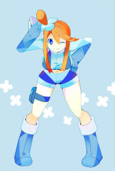Rule 34 | 1girl, bad id, bad pixiv id, blue background, blue eyes, blue footwear, boots, creatures (company), elbow gloves, full body, game freak, gloves, gym leader, hair ornament, leaning, looking at viewer, midriff, navel, nintendo, one eye closed, orange hair, pokemon, short shorts, shorts, simple background, skyla (pokemon), smile, solo, todamoto, wink