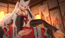 Rule 34 | 1girl, :d, absurdres, animal ears, asanagi (azur lane), azur lane, bare shoulders, barefoot, blush, breasts, cameltoe, cleavage cutout, clothing cutout, detached sleeves, elbow gloves, fangs, fingerless gloves, fox ears, fox girl, fox tail, full body, gloves, hand up, highres, indoors, jeze, long hair, looking at viewer, navel, navel cutout, open mouth, revision, ribbon-trimmed sleeves, ribbon trim, sitting, skindentation, slit pupils, small breasts, smile, solo, spread legs, tail, thighhighs, thighs, twintails, very long hair, white hair, wide sleeves, yellow eyes