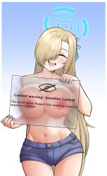 Rule 34 | 1girl, absurdres, against glass, asuna (blue archive), blonde hair, blue archive, blue nails, blue shorts, blur censor, breasts, censored, closed eyes, commentary, covering breasts, covering privates, cowboy shot, english text, fourth wall, hair over one eye, halo, highres, holding, konan exe, large breasts, navel, nipples, one eye covered, open mouth, short shorts, shorts, smile, solo, stomach, teeth, topless, twitter, upper teeth only