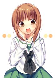 Rule 34 | 10s, 1girl, :d, blush, brown eyes, brown hair, collarbone, girls und panzer, green skirt, hands on own cheeks, hands on own face, looking at viewer, neckerchief, nishizumi miho, ntk (7t5), ooarai school uniform, open mouth, pleated skirt, school uniform, serafuku, short hair with long locks, sidelocks, simple background, skirt, smile, solo, tareme, upper body, white background