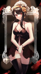 Rule 34 | 1girl, absurdres, artificial flower, babydoll, black choker, black hair, black panties, black thighhighs, blush, breasts, choker, cleavage, closed mouth, collarbone, commentary request, covering privates, covering crotch, earrings, flower, hair flower, hair ornament, highres, holmemee, jewelry, large breasts, lens flare, lingerie, looking at viewer, mixed-language commentary, nail polish, panties, picture frame, pink nails, red eyes, short hair with long locks, sidelocks, solo, sparkle, spy x family, swept bangs, thighhighs, underwear, underwear only, wristband, yellow flower, yor briar