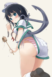 Rule 34 | 1girl, absurdres, anchor, anchor symbol, ass, beige background, black hair, blue eyes, blush, breasts, brown footwear, chain, commentary request, from behind, hand up, hat, highres, holding, ladle, looking at viewer, looking back, medium breasts, murasa minamitsu, neckerchief, panties, pink panties, red neckerchief, sailor collar, sailor hat, shoe soles, shoes, short sleeves, shorts, shorts lift, side-tie panties, simple background, socks, solo, striped clothes, striped panties, sweatdrop, techi (techi35499), touhou, underwear, water, white hat, white shorts, white socks
