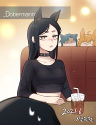 Rule 34 | 1other, 3girls, alternate costume, animal ears, arknights, black hair, blonde hair, blue hair, blush, collar, cup, dated, dobermann (arknights), doctor (arknights), dog ears, dog girl, drinking glass, drinking straw, fang (arknights), highres, horse ears, horse girl, ice, ice cube, jyan (jyan0209), kroos (arknights), multiple girls, out of frame, rabbit ears, rabbit girl, signature, spiked collar, spikes, sweat, sweatdrop