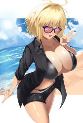 Rule 34 | 1girl, absurdres, antenna hair, arcueid brunestud, bare legs, bare shoulders, beach, bikini, blonde hair, blush, breasts, cleavage, collarbone, dark, dark skin, fate/grand order, fate (series), hair intakes, highres, lancelot (fate/grand order), large breasts, looking at viewer, melty blood, navel, nipples, open mouth, red eyes, shiny skin, shokobr, shorts, simple background, smile, solo, swimsuit, tan, thighhighs, thighs, tsukihime, tsukihime (remake), turtleneck, type-moon, underwear