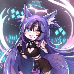 Rule 34 | 1girl, animal ear fluff, animal ears, artist name, awful queen (vtuber), black nails, breasts, cleavage, concert, fox ears, fox girl, fox tail, halo, heterochromia, indie virtual youtuber, large breasts, looking at viewer, mole, mole under each eye, mole under eye, multiple moles, nsywer, purple hair, skirt, tail, virtual youtuber