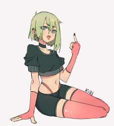 Rule 34 | 1girl, black nails, blue eyes, collarbone, crop top, earrings, flat chest, green hair, highres, jewelry, kiritzugu, middle finger, nail polish, navel, open mouth, original, pink thighhighs, rebel, short hair, short shorts, shorts, solo, thighhighs, tongue, tongue out