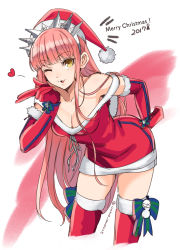 Rule 34 | 1girl, alternate costume, aono shimo, bad id, bad pixiv id, blowing kiss, breasts, dress, elbow gloves, fate/grand order, fate (series), gloves, hat, highres, leaning forward, long hair, looking at viewer, medb (fate), medb (fate), medium breasts, merry christmas, one eye closed, pink hair, red dress, red gloves, sack, santa costume, santa hat, sketch, smile, solo, thighhighs, yellow eyes