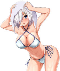 Rule 34 | 1girl, bikini, blue eyes, breasts, cleavage, collarbone, criss-cross halter, drying, drying hair, hair ornament, hair over one eye, hairclip, halterneck, hamakaze (kancolle), highres, kantai collection, large breasts, leaning forward, looking at viewer, short hair, side-tie bikini bottom, side-tie bottom, silver hair, simple background, skindentation, solo, swimsuit, upper body, wet, white background, white bikini, zanntetu