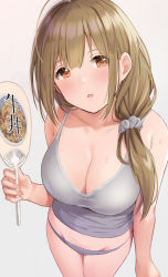 Rule 34 | 1girl, ahoge, bare arms, bare shoulders, blush, breasts, brown eyes, brown hair, cleavage, collarbone, commentary request, cowboy shot, from above, grey panties, groin, hair ornament, hair over shoulder, hair scrunchie, hand fan, highres, holding, holding fan, idolmaster, idolmaster shiny colors, koukoku, kuwayama chiyuki, large breasts, long hair, looking at viewer, navel, open mouth, panties, scrunchie, sidelocks, simple background, sleeveless, solo, standing, sweat, thighs, underwear, underwear only