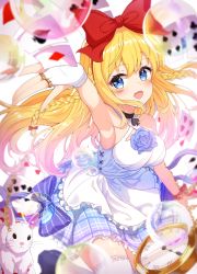 Rule 34 | 1girl, absurdres, alice (alice in wonderland), alice in wonderland, armpits, bare shoulders, black footwear, blonde hair, blue dress, blue eyes, blue flower, blue rose, blush, bow, braid, breasts, bubble, card, chain, choker, collarbone, criss-cross halter, dress, fang, fingerless gloves, flower, frills, glint, gloves, hair between eyes, hair bow, halter dress, halterneck, highres, leaning forward, leg up, long hair, looking at viewer, mary janes, medium breasts, monmo mu, open mouth, original, plaid, plaid skirt, playing card, pocket watch, rabbit, reaching, reaching towards viewer, ribbon, rose, shoes, shuffling cards, simple background, skirt, smile, spade (shape), thighhighs, twin braids, watch, white background, white gloves, white rabbit (alice in wonderland), white thighhighs, wrist ribbon, zettai ryouiki