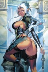 Rule 34 | 1girl, ass, backless outfit, black thighhighs, breasts, corset, dark-skinned female, dark skin, elf, garter straps, gloves, hair tubes, high heels, homare (fool&#039;s art), lace, lace-trimmed legwear, lace trim, large breasts, leg up, long hair, looking at viewer, original, panties, partially visible vulva, pelvic curtain, pointy ears, presenting, red eyes, sideboob, solo, thighhighs, thong, underwear, white hair