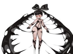 Rule 34 | 1girl, absurdres, bare shoulders, black choker, black hair, black ribbon, black skin, choker, closed mouth, clothing cutout, colored skin, hair ribbon, heart cutout, highres, kkaebing, looking at viewer, multicolored skin, navel, original, pointy ears, red eyes, revealing clothes, ribbon, short hair, simple background, solo, thighs, two-tone skin, white background