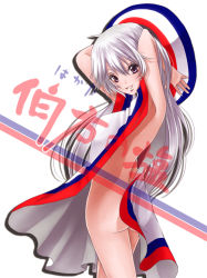 Rule 34 | 1girl, dress, female focus, grey eyes, hakata-san, hat, naked poncho, no bra, no panties, personification, poncho, simple background, smile, solo, white background, white hair