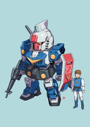 Rule 34 | 1boy, battle suit bisson, blue background, brown hair, chibi, faceless, faceless male, gun, hair behind ear, highres, holding, holding gun, holding shield, holding weapon, mecha, mercy rabbit, pilot suit, robot, science fiction, shield, standing, the animage, weapon