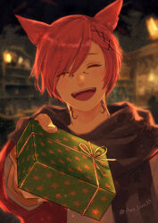 Rule 34 | 1boy, ^ ^, ame (conronca), animal ears, black scarf, blurry, blurry background, box, cat ears, christmas, closed eyes, commentary, facial mark, facing viewer, final fantasy, final fantasy xiv, foreshortening, g&#039;raha tia, gift, gift box, hair ornament, happy, highres, holding, holding gift, incoming gift, male focus, miqo&#039;te, neck tattoo, night, open mouth, outstretched arm, red hair, scarf, short hair, signature, smile, solo, swept bangs, tattoo, teeth, twitter username, upper body, upper teeth only, x hair ornament