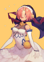 Rule 34 | 1girl, air (air end), bare shoulders, blue eyes, breasts, cleavage, dress, elbow gloves, fate/apocrypha, fate (series), flower, frankenstein&#039;s monster (fate), gloves, hair over eyes, headgear, horns, looking at viewer, maid headdress, medium breasts, open mouth, petals, pink hair, see-through, see-through cleavage, short hair, simple background, single horn, solo, veil, white dress, white gloves, yellow background