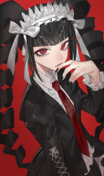 Rule 34 | 1girl, absurdres, black hair, black nails, bonnet, celestia ludenberg, danganronpa: trigger happy havoc, danganronpa (series), drill hair, earrings, expressionless, frills, gokuama, gothic lolita, highres, jacket, jewelry, lolita fashion, long hair, long sleeves, looking at viewer, nail polish, necktie, red background, red eyes, red necktie, shirt, simple background, smile, solo, twin drills, twintails