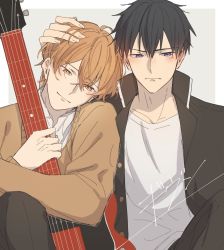 Rule 34 | 2boys, black hair, blush, given, guitar, hand on another&#039;s head, highres, holding, holding instrument, instrument, looking at viewer, looking to the side, male focus, multiple boys, orange hair, satou mafuyu, shirt, simple background, sitting, smile, uenoyama ritsuka, white shirt, yaoi