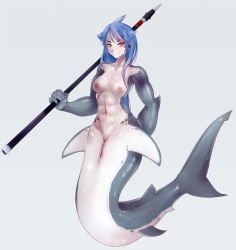 Rule 34 | 1girl, abs, arm behind back, blue hair, breasts, cleft of venus, colored skin, completely nude, highres, mako (monster girl island), medium breasts, mermaid, monster girl, monster girl island, navel, nipples, nude, polearm, pussy, redamz, shark girl, smile, solo, source request, spear, uncensored, weapon, white background, yellow eyes
