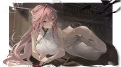 Rule 34 | 1girl, azur lane, bare arms, bare shoulders, border, breasts, china dress, chinese clothes, chinese commentary, closed mouth, commentary request, covered navel, dress, expressionless, hair between eyes, hair intakes, highres, holding, huge breasts, komuer, long hair, looking at viewer, perseus (azur lane), perseus (spring lackadaisical leisure) (azur lane), pink eyes, pink hair, solo, thighs, white border, white dress