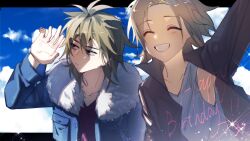 Rule 34 | 2boys, ^ ^, absurdres, arm up, blonde hair, blue jacket, brown jacket, chana shengmie, closed eyes, closed mouth, commentary, dated, english text, fur-trimmed jacket, fur trim, grey tank top, grin, hair between eyes, happy birthday, highres, isoi reiji, jacket, letterboxed, light brown hair, light particles, long sleeves, male focus, multiple boys, open clothes, open jacket, parted bangs, red shirt, saibou shinkyoku, shinano eiji, shirt, short hair, sky, smile, symbol-only commentary, tank top