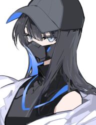 Rule 34 | 1girl, baseball cap, black hair, black hat, black shirt, blue archive, blue hair, chiriejjiyo, commentary request, grey eyes, hair between eyes, hat, highres, jacket, looking at viewer, mask, mouth mask, multicolored hair, off shoulder, open clothes, open jacket, saori (blue archive), shirt, simple background, sleeveless, sleeveless shirt, solo, two-tone hair, upper body, white background, white jacket