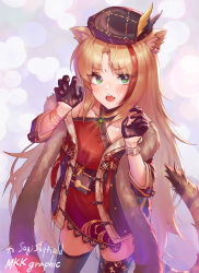 Rule 34 | 1girl, animal ears, arknights, black gloves, black thighhighs, blush, bracelet, china dress, chinese clothes, claw pose, collarbone, commentary request, cowboy shot, dress, ear piercing, fang, female focus, gloves, green eyes, hands up, highres, jewelry, looking at viewer, meckeke (mkk), multicolored hair, official alternate costume, open mouth, orange hair, piercing, red dress, red hair, skin fang, sleeveless, sleeveless dress, solo, streaked hair, swire (arknights), swire (honor and splendor) (arknights), tail, teeth, thighhighs, tiger ears, tiger girl, tiger tail, watch, wristwatch