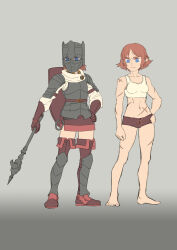 Rule 34 | absurdres, armor, blue eyes, breastplate, brown hair, cross scar, dungeons &amp; dragons, gauntlets, gloves, greaves, grey background, hanpixe, helmet, highres, holding, holding weapon, pauldrons, pointy ears, scar, scar on arm, scar on leg, shield, shield on back, short shorts, shorts, shoulder armor, tank top, thighhighs, war hammer, weapon