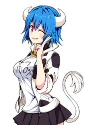 Rule 34 | 1girl, absurdres, animal print, bell, black skirt, blue hair, clothes writing, collared jacket, cow girl, cow horns, cow print, cow tail, cowboy shot, fang, from side, hand up, highres, horns, jacket, jashin-chan dropkick, long sleeves, looking at viewer, minos (jashin-chan dropkick), multicolored clothes, multicolored jacket, neck bell, one eye closed, open mouth, red eyes, shirt, short hair, simple background, skirt, smile, solo, standing, tail, two-tone jacket, v, white background, white jacket, white shirt, yuuki shushu, zipper