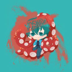 Rule 34 | 1boy, black footwear, black shirt, blood, blood on face, blue background, blue jacket, chainsaw man, character name, chibi, closed mouth, ear piercing, earrings, eyelashes, green eyes, green hair, grey pants, hair between eyes, hand on own thigh, jacket, jewelry, kinokorin, male focus, mole, mole under mouth, multiple earrings, octopus devil (chainsaw man), pants, piercing, shirt, simple background, smile, solo, suction cups, tentacles, yoshida hirofumi