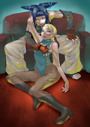 Rule 34 | 2girls, bad id, bad pixiv id, bare shoulders, blonde hair, blue leotard, braid, cammy white, capcom, cleavage cutout, clothing cutout, couch, drill hair, fingerless gloves, gloves, green eyes, halterneck, halterneck, han juri, highres, leotard, multiple girls, ojo (dfreak), open mouth, pantyhose, piercing, purple eyes, sitting, spread legs, street fighter, street fighter iv (series), toeless legwear, toes, tongue, tongue out, tongue piercing, twin drills, yokozuwari, yuri