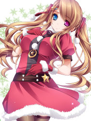 Rule 34 | 1girl, blue eyes, blush, breasts, brown hair, christmas, gloves, hair ornament, hairclip, heterochromia, highres, large breasts, long hair, looking at viewer, monety, original, purple eyes, red gloves, smile, solo, star (symbol), star hair ornament, thighhighs, twintails