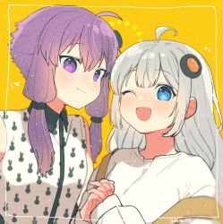 Rule 34 | 2girls, ;d, a.i. voice, ahoge, animal print, bare shoulders, blue eyes, collared shirt, commentary request, dress shirt, grey hair, hair ornament, heart, highres, interlocked fingers, kizuna akari, kizuna akari (a.i. voice), long sleeves, multiple girls, nanaki (mkmk 915), one eye closed, open mouth, orange background, own hands together, print shirt, puffy long sleeves, puffy sleeves, purple eyes, purple hair, rabbit print, shirt, sleeveless, sleeveless shirt, sleeves past wrists, smile, star (symbol), suspenders, suspenders slip, upper body, vocaloid, voiceroid, white shirt, yuzuki yukari, yuzuki yukari (a.i. voice)