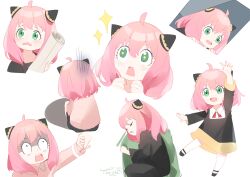 Rule 34 | + +, 1girl, absurdres, anya (spy x family), artist name, black dress, blush, child, clenched hands, closed eyes, dress, eden academy school uniform, green eyes, hairpods, hand grab, hand up, highres, holding, long sleeves, multiple views, open mouth, pink hair, school uniform, shaded face, shadow, signature, simple background, sleeping, smile, sparkle, spy x family, tears, toritoki (1301237579), wavy hair, white background